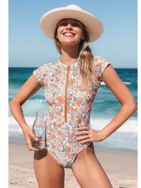 CUPSHE Elodie Ditsy Floral Rash Guard One Piece Swimsuit Zipper Short Sleeve XS